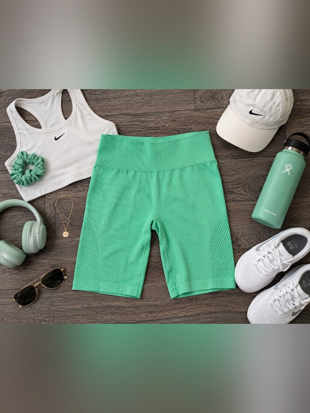 Yogalicious Ribbed High-Waist Lime Green Bike Shorts - Brand New